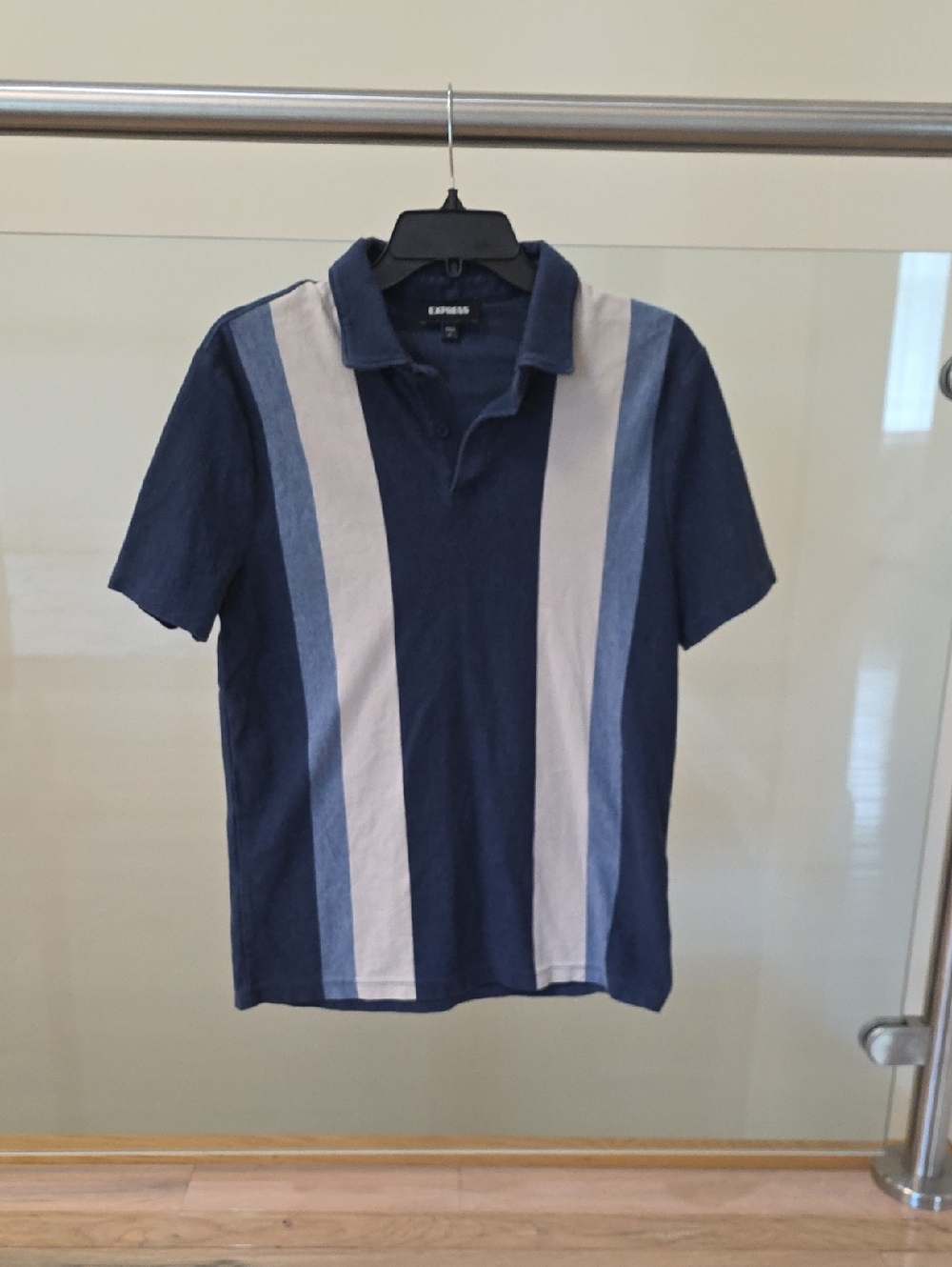 Express Men’s Navy Polo with Light Blue and White Vertical Stripes